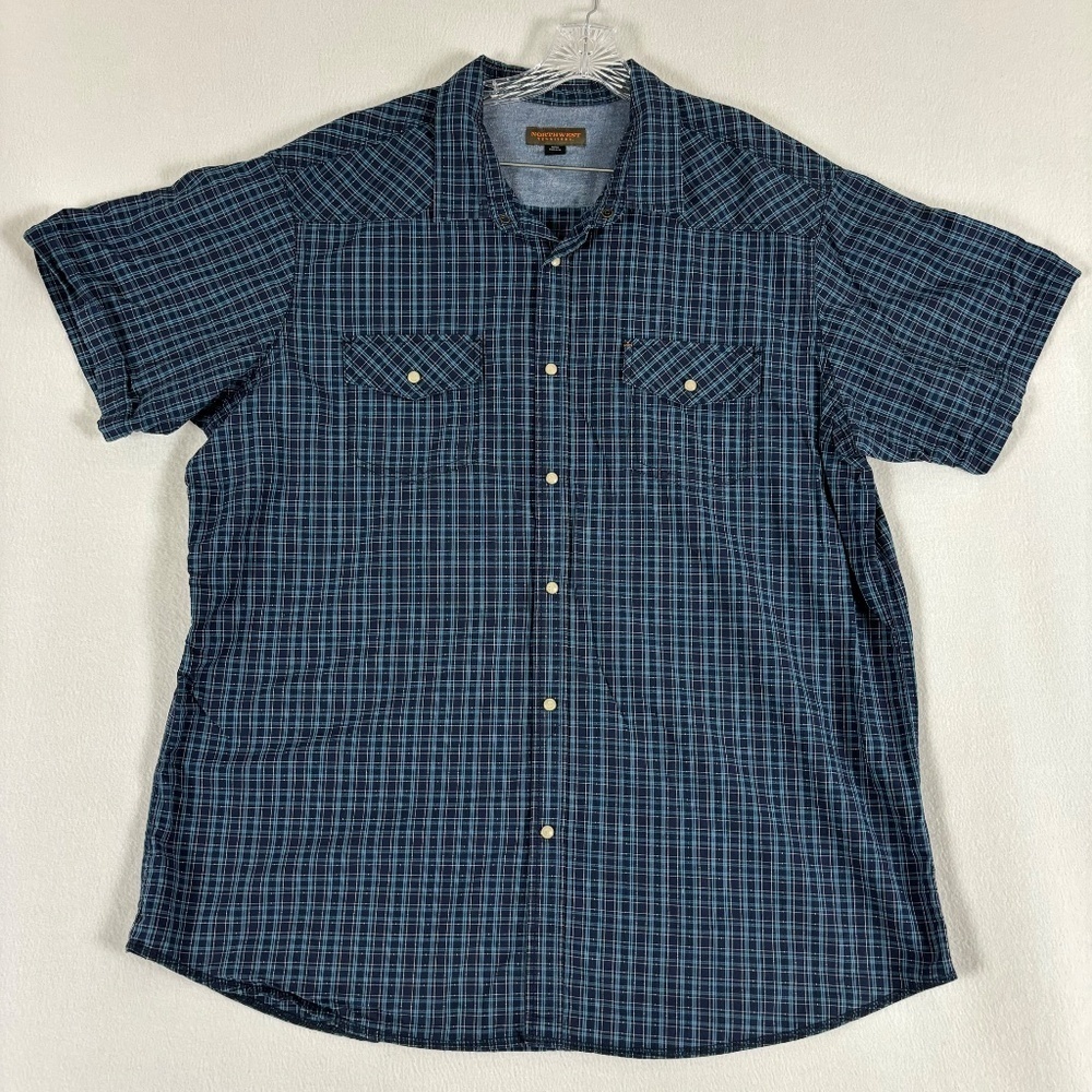 Northwest Territory Shirt Men 2XLT Blue Plaid Pearl Snap Outdoors Casual/Dress